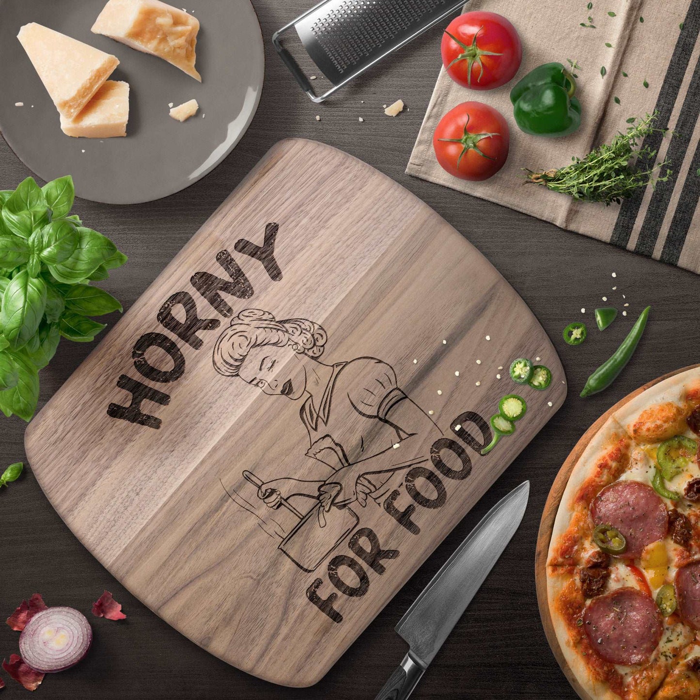 Funny Hardwood Oval Cutting Board - Horny For Food