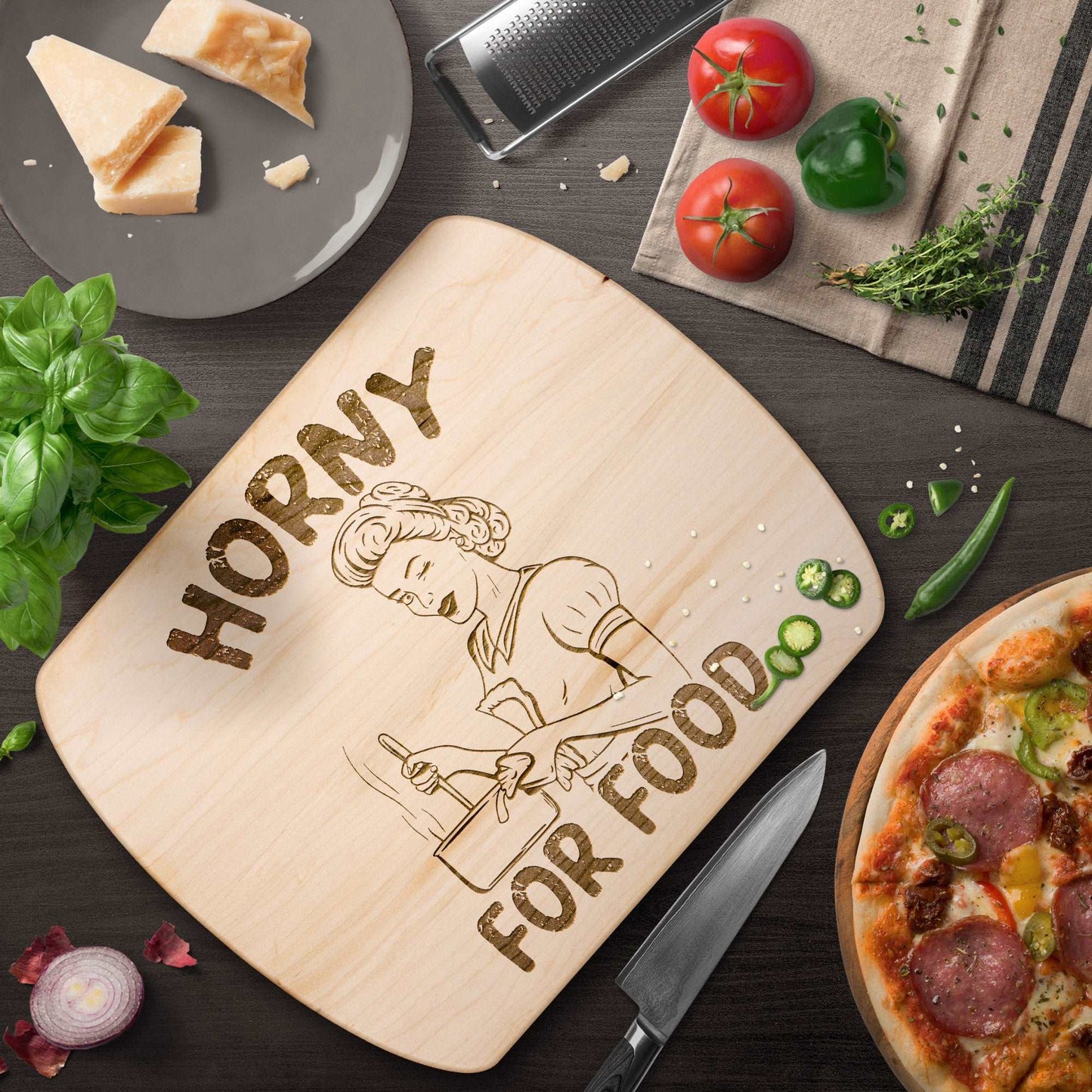 Funny Hardwood Oval Cutting Board - Horny For Food