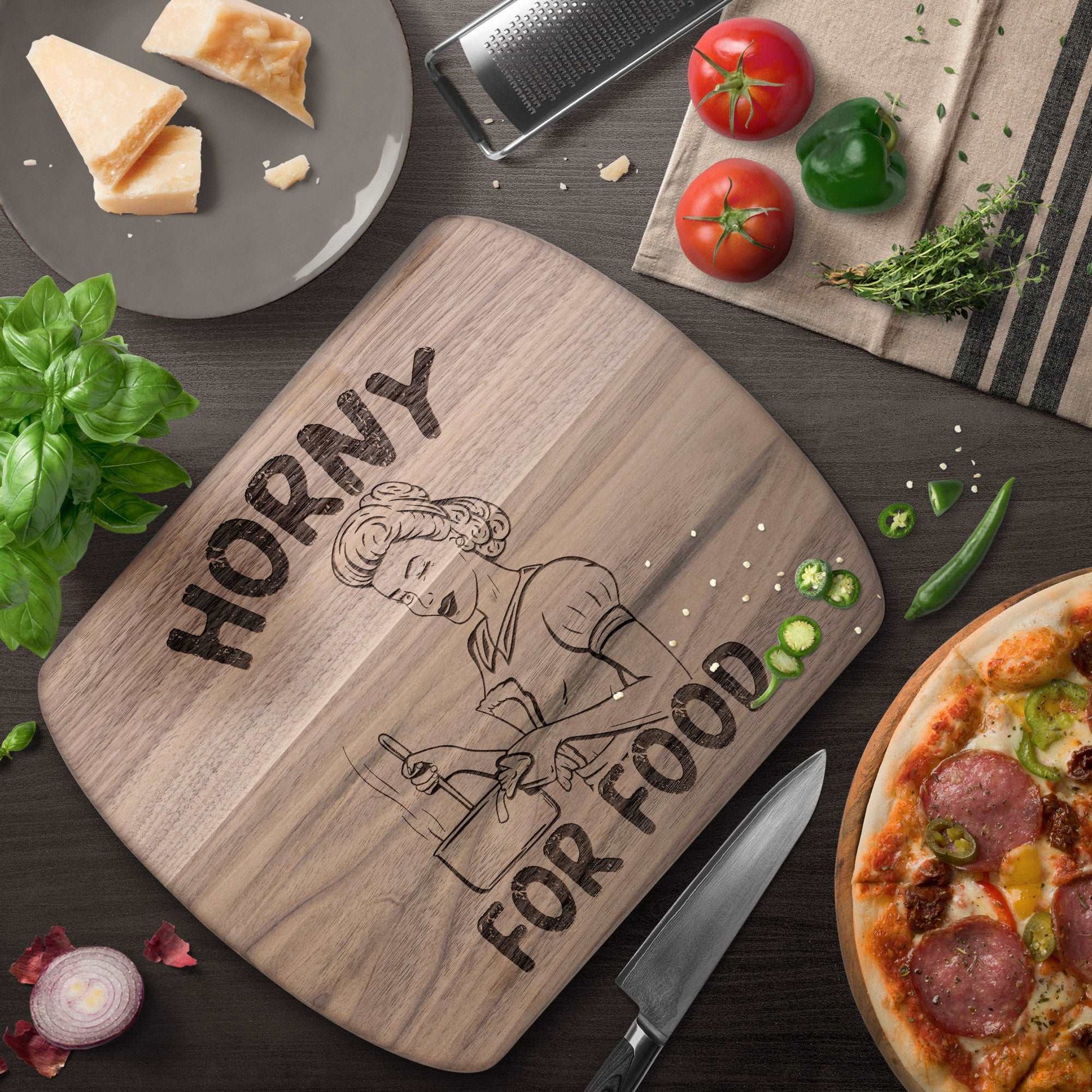 Funny Hardwood Oval Cutting Board - Horny For Food